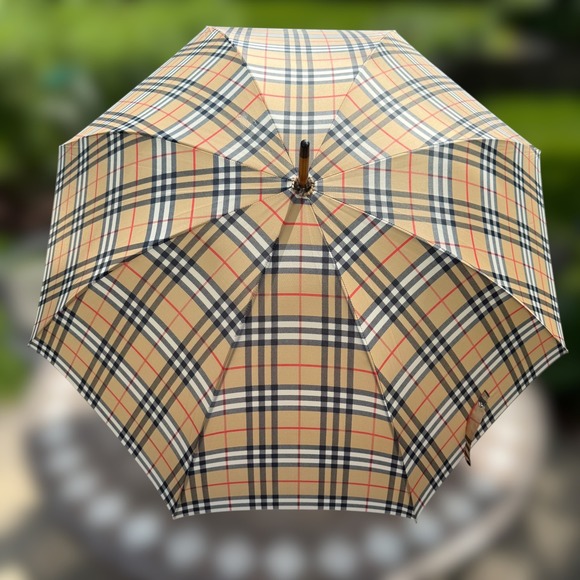 Burberrys Society Umbrella Plaid Check Wooden Handle Vintage Rain Accessory - Picture 1 of 6